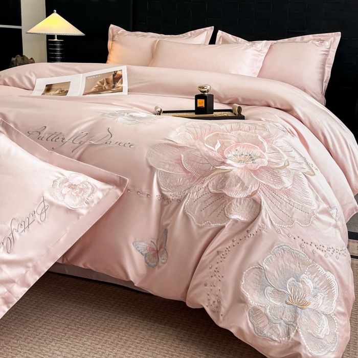 绘萱家居 2026直播爆款纯棉100%全棉纯棉绣花四件套圆角吊边床单款纯色百分百 蝶舞牡丹-粉