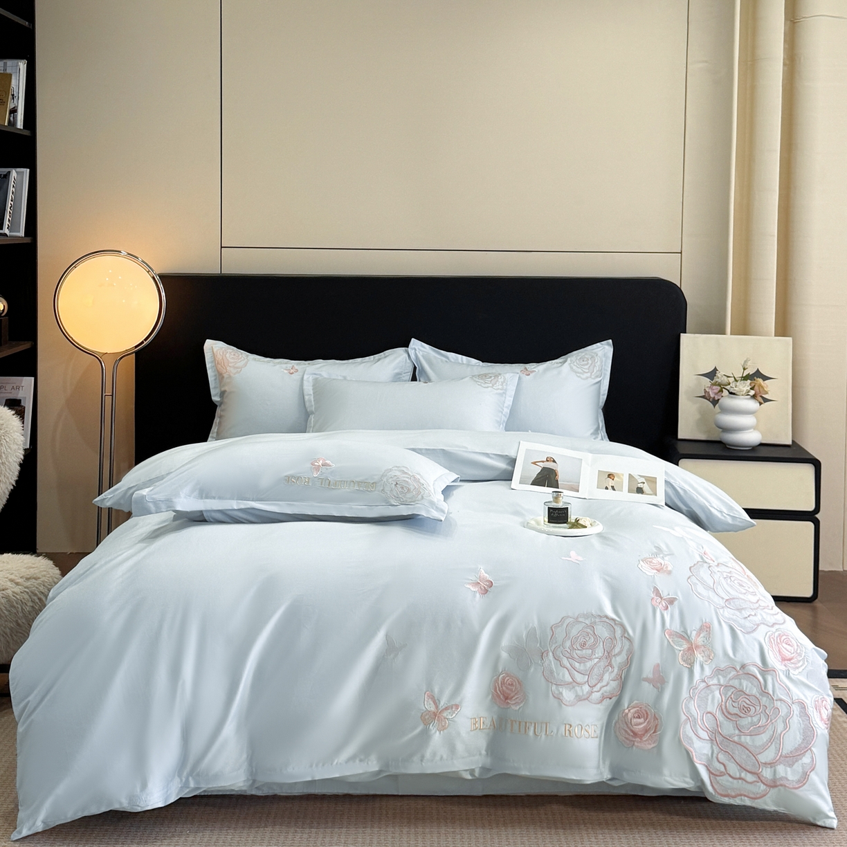 91家纺网 家纺一手货源 找家纺 绘萱家居 2026直播爆款纯棉100%全棉纯棉绣花四件套圆角吊边床单款纯色百分百 艾丽雅-蓝