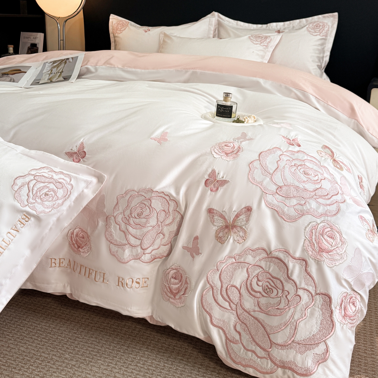 绘萱家居 2026直播爆款纯棉100%全棉纯棉绣花四件套圆角吊边床单款纯色百分百 艾丽雅-奶白粉