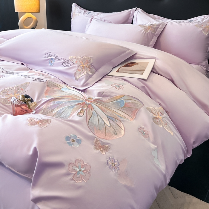 91家纺网 家纺一手货源 找家纺 绘萱家居 2026直播爆款纯棉100%全棉纯棉绣花四件套圆角吊边床单款纯色百分百 七彩福蝶-紫