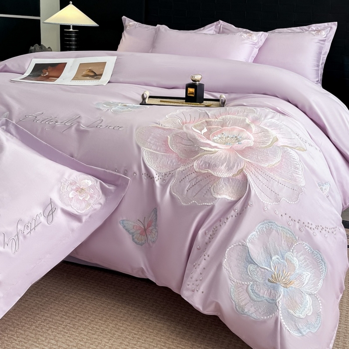 绘萱家居 2026直播爆款纯棉100%全棉纯棉绣花四件套圆角吊边床单款纯色百分百 蝶舞牡丹-紫