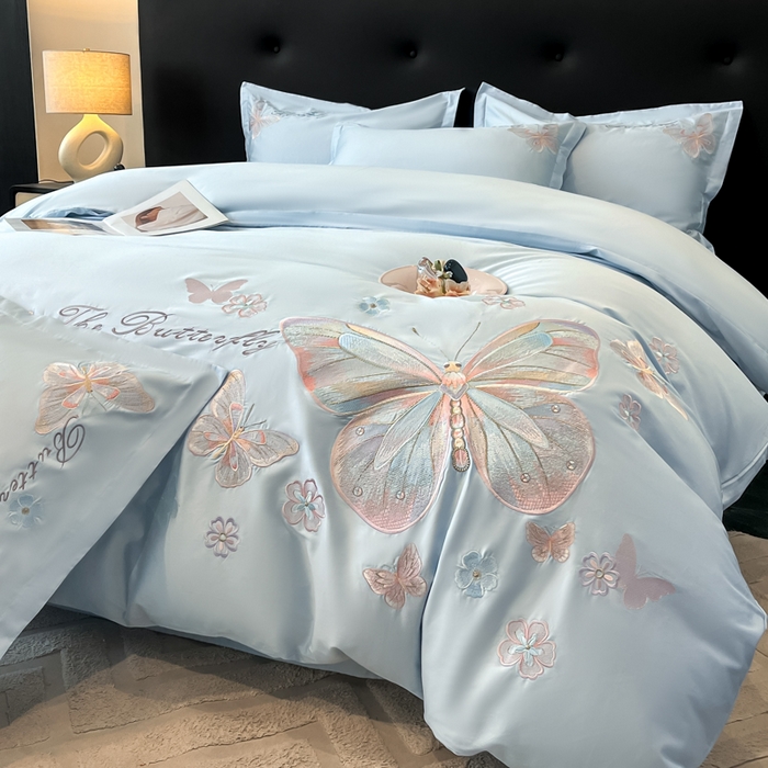 绘萱家居 2026直播爆款纯棉100%全棉纯棉绣花四件套圆角吊边床单款纯色百分百 七彩福蝶-蓝