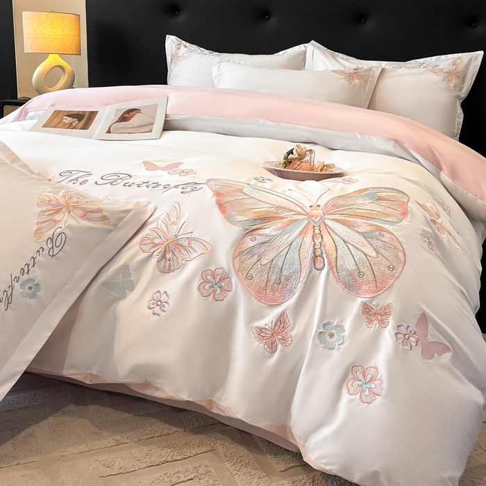 绘萱家居 2026直播爆款纯棉100%全棉纯棉绣花四件套圆角吊边床单款纯色百分百 七彩福蝶-奶白粉