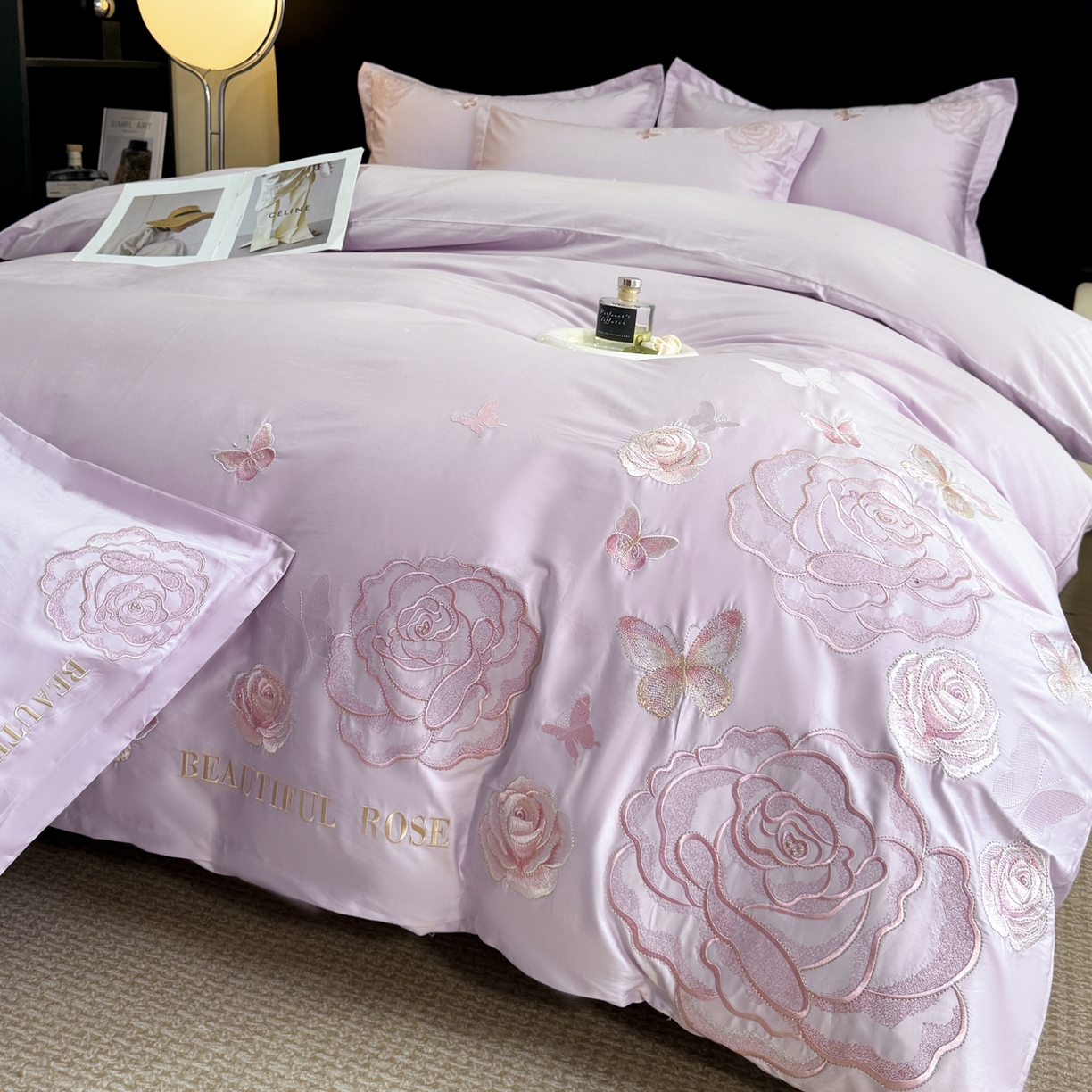 绘萱家居 2026直播爆款纯棉100%全棉纯棉绣花四件套圆角吊边床单款纯色百分百 艾丽雅-紫