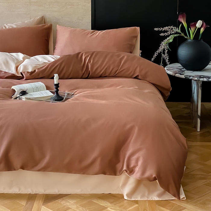 91家纺网 家纺一手货源 找家纺 禾时 2026新款兰精天丝棉纯色双拼四件套 古铜