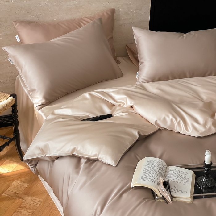 91家纺网 家纺一手货源 找家纺 禾时 2026新款兰精天丝棉纯色双拼四件套 露褐