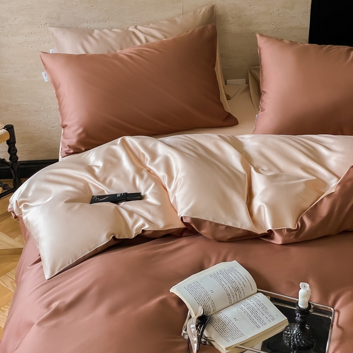 91家纺网 家纺一手货源 找家纺 禾时 2026新款兰精天丝棉纯色双拼四件套 古铜