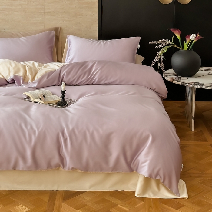 91家纺网 家纺一手货源 找家纺 禾时 2026新款兰精天丝棉纯色双拼四件套 紫缇