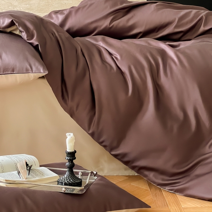 91家纺网 家纺一手货源 找家纺 禾时 2026新款兰精天丝棉纯色双拼四件套 摩卡