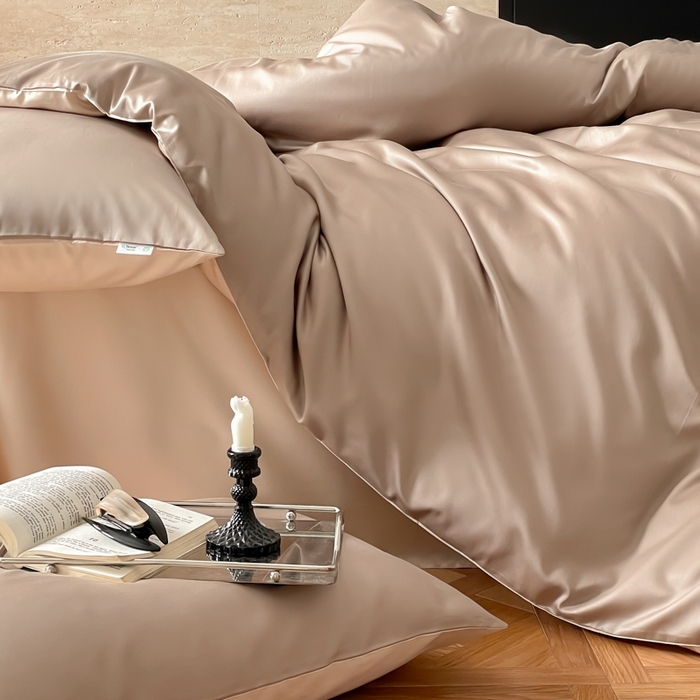 91家纺网 家纺一手货源 找家纺 禾时 2026新款兰精天丝棉纯色双拼四件套 露褐