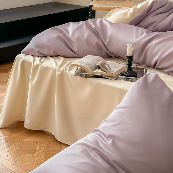 91家纺网 家纺一手货源 找家纺 禾时 2026新款兰精天丝棉纯色双拼四件套 紫缇