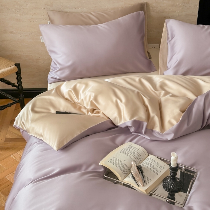 91家纺网 家纺一手货源 找家纺 禾时 2026新款兰精天丝棉纯色双拼四件套 紫缇