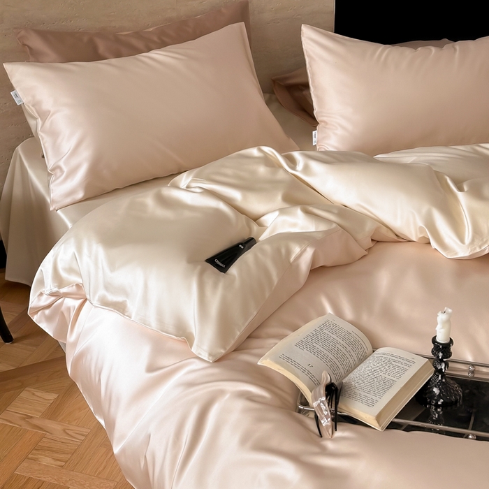 91家纺网 家纺一手货源 找家纺 禾时 2026新款兰精天丝棉纯色双拼四件套 可可