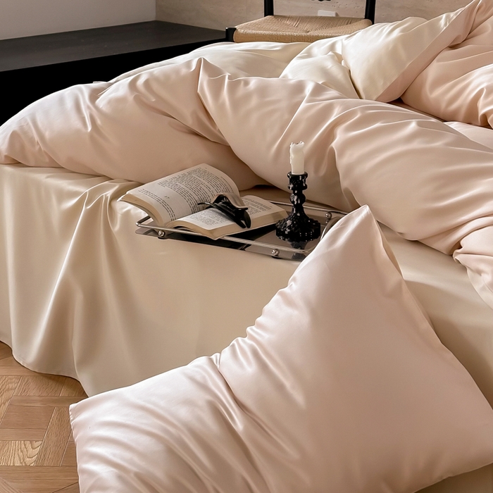 91家纺网 家纺一手货源 找家纺 禾时 2026新款兰精天丝棉纯色双拼四件套 可可