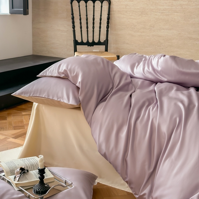 91家纺网 家纺一手货源 找家纺 禾时 2026新款兰精天丝棉纯色双拼四件套 紫缇