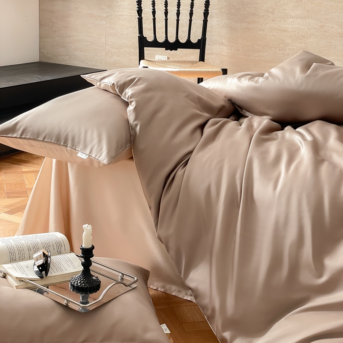 91家纺网 家纺一手货源 找家纺 禾时 2026新款兰精天丝棉纯色双拼四件套 露褐