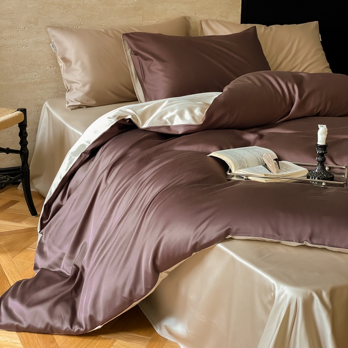 禾时 2026新款兰精天丝棉纯色双拼四件套 摩卡