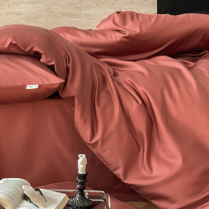 91家纺网 家纺一手货源 找家纺 禾时 2026新款兰精天丝棉纯色双拼四件套 朱砂红