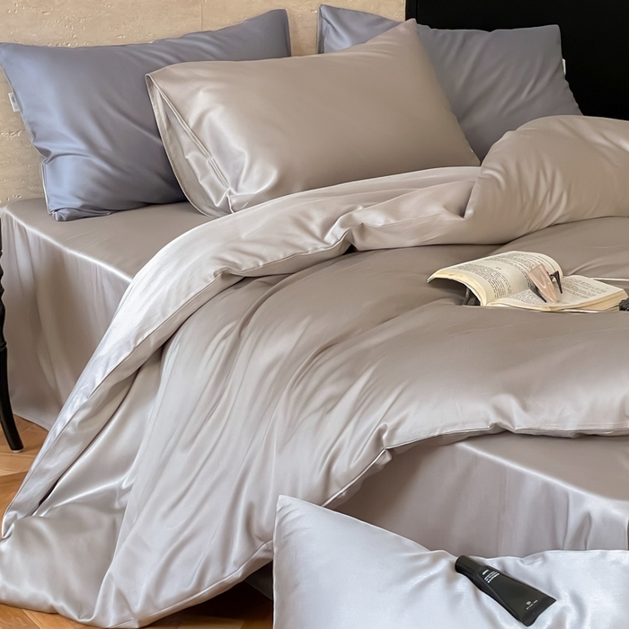 91家纺网 家纺一手货源 找家纺 禾时 2026新款兰精天丝棉纯色双拼四件套 典雅灰