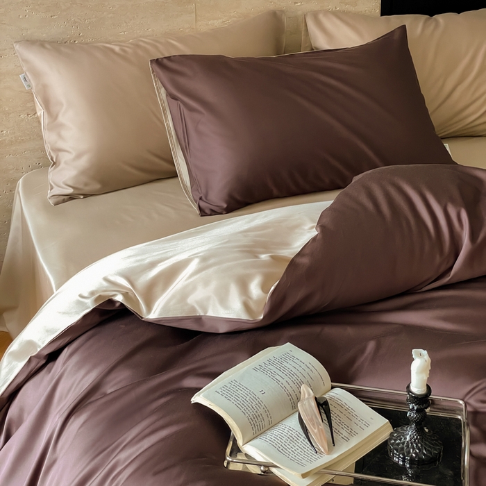 91家纺网 家纺一手货源 找家纺 禾时 2026新款兰精天丝棉纯色双拼四件套 摩卡