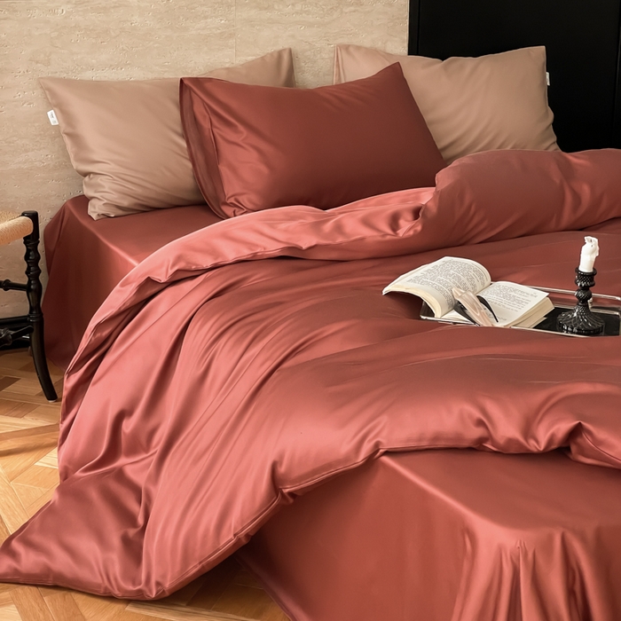 91家纺网 家纺一手货源 找家纺 禾时 2026新款兰精天丝棉纯色双拼四件套 朱砂红