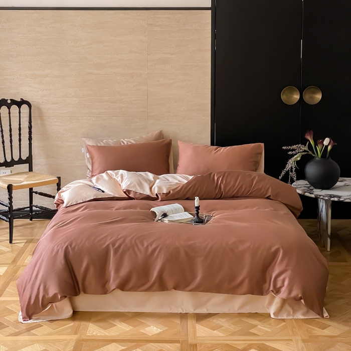 91家纺网 家纺一手货源 找家纺 禾时 2026新款兰精天丝棉纯色双拼四件套 古铜