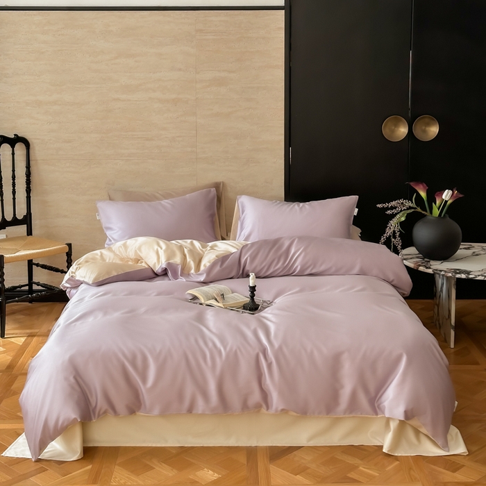 91家纺网 家纺一手货源 找家纺 禾时 2026新款兰精天丝棉纯色双拼四件套 紫缇