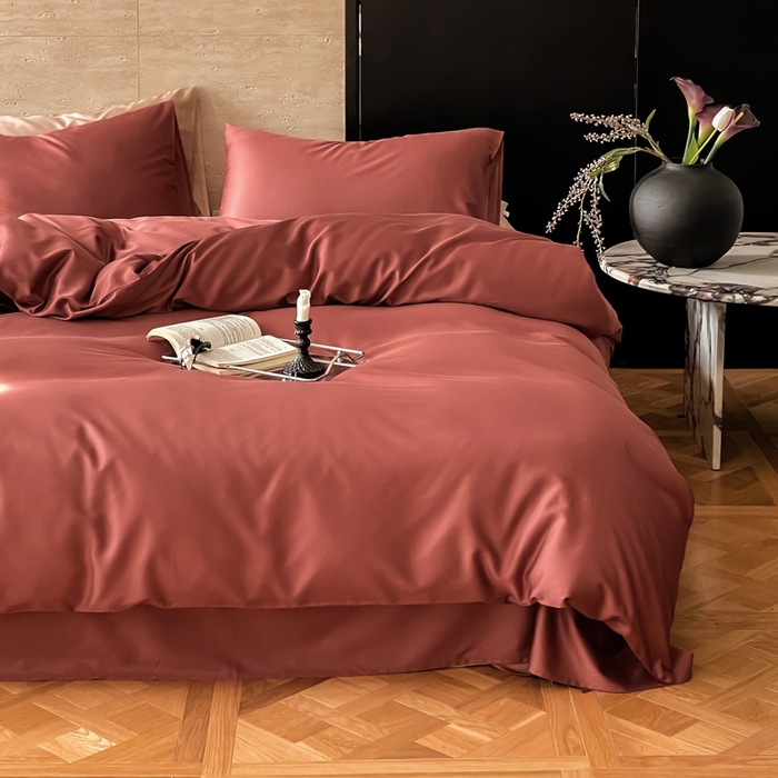 91家纺网 家纺一手货源 找家纺 禾时 2026新款兰精天丝棉纯色双拼四件套 朱砂红