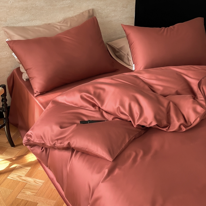 91家纺网 家纺一手货源 找家纺 禾时 2026新款兰精天丝棉纯色双拼四件套 朱砂红