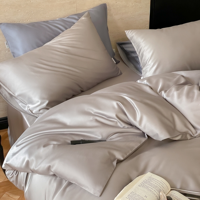 91家纺网 家纺一手货源 找家纺 禾时 2026新款兰精天丝棉纯色双拼四件套 典雅灰