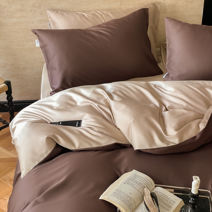 91家纺网 家纺一手货源 找家纺 禾时 2026新款兰精天丝棉纯色双拼四件套 摩卡