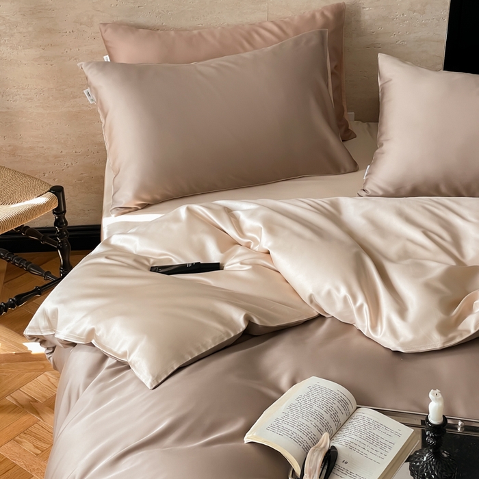 91家纺网 家纺一手货源 找家纺 禾时 2026新款兰精天丝棉纯色双拼四件套 露褐