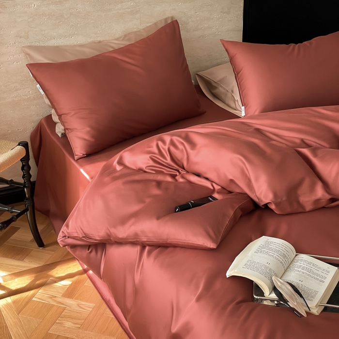 91家纺网 家纺一手货源 找家纺 禾时 2026新款兰精天丝棉纯色双拼四件套 朱砂红