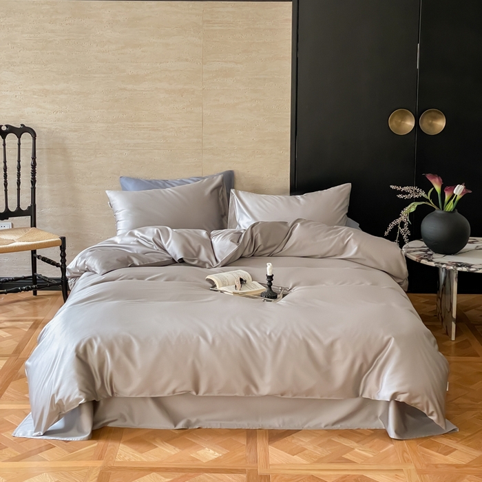 91家纺网 家纺一手货源 找家纺 禾时 2026新款兰精天丝棉纯色双拼四件套 典雅灰