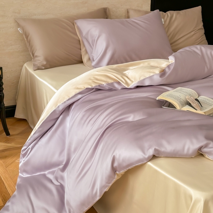 91家纺网 家纺一手货源 找家纺 禾时 2026新款兰精天丝棉纯色双拼四件套 紫缇