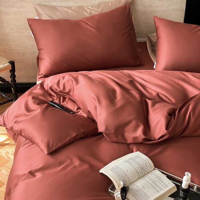 91家纺网 家纺一手货源 找家纺 禾时 2026新款兰精天丝棉纯色双拼四件套 朱砂红