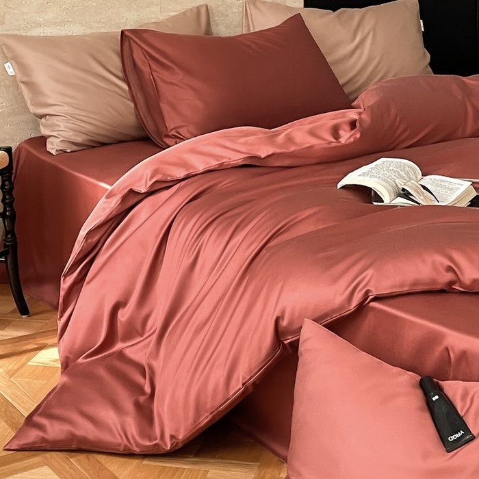 禾时 2026新款兰精天丝棉纯色双拼四件套 朱砂红