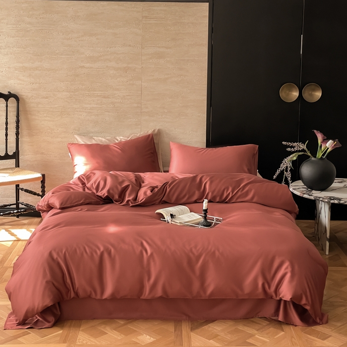 91家纺网 家纺一手货源 找家纺 禾时 2026新款兰精天丝棉纯色双拼四件套 朱砂红