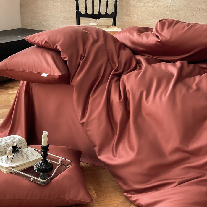 91家纺网 家纺一手货源 找家纺 禾时 2026新款兰精天丝棉纯色双拼四件套 朱砂红