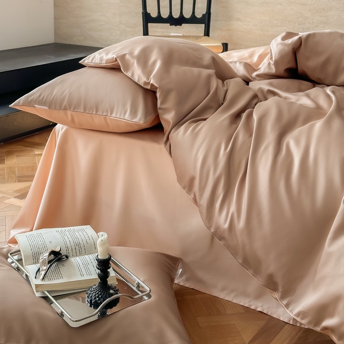 91家纺网 家纺一手货源 找家纺 禾时 2026新款兰精天丝棉纯色双拼四件套 茶棕