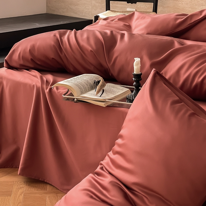 91家纺网 家纺一手货源 找家纺 禾时 2026新款兰精天丝棉纯色双拼四件套 朱砂红