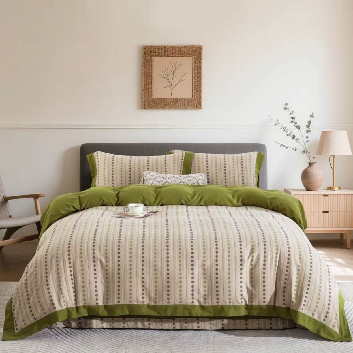 91家纺网 家纺一手货源 找家纺 （总）仰望棉麻双层纱供应链 2026新款全棉纯棉色织提花飞边款四件套-绿漪泛舟