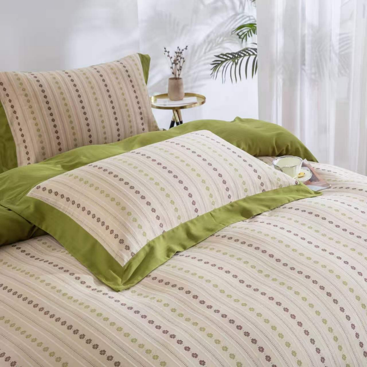 91家纺网 家纺一手货源 找家纺 （总）仰望棉麻双层纱供应链 2026新款全棉纯棉色织提花飞边款四件套-绿漪泛舟