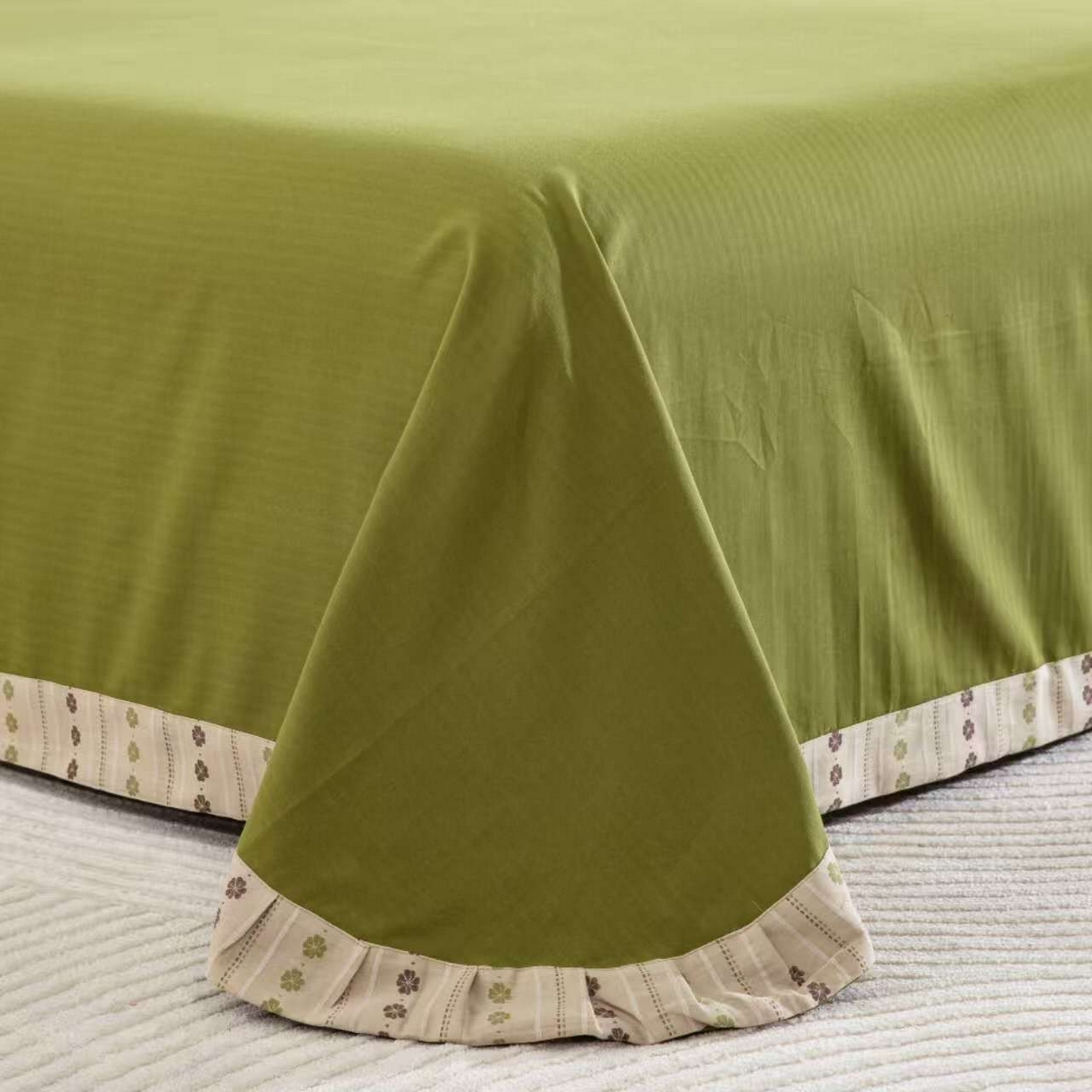 91家纺网 家纺一手货源 找家纺 仰望棉麻双层纱供应链 2026新款全棉纯棉色织提花飞边款四件套-绿漪泛舟 绿漪枫舟-飞边款