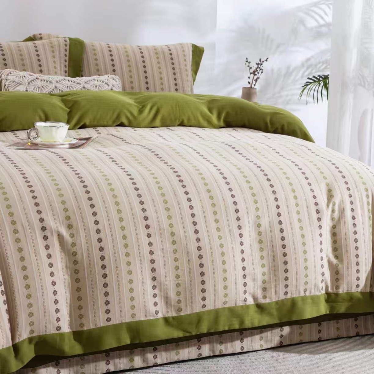 91家纺网 家纺一手货源 找家纺 仰望棉麻双层纱供应链 2026新款全棉纯棉色织提花飞边款四件套-绿漪泛舟 绿漪枫舟-飞边款