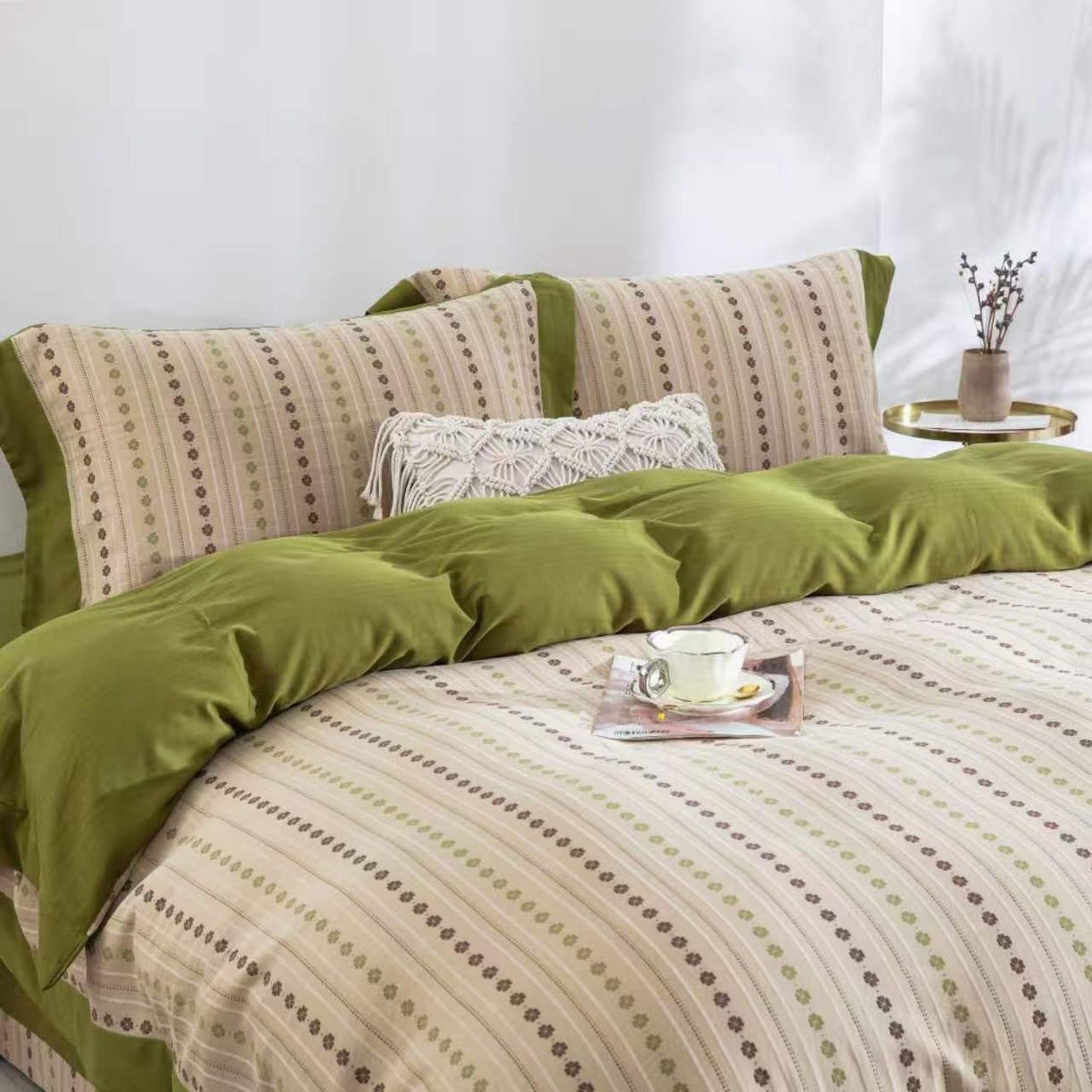 91家纺网 家纺一手货源 找家纺 仰望棉麻双层纱供应链 2026新款全棉纯棉色织提花飞边款四件套-绿漪泛舟 绿漪枫舟-飞边款