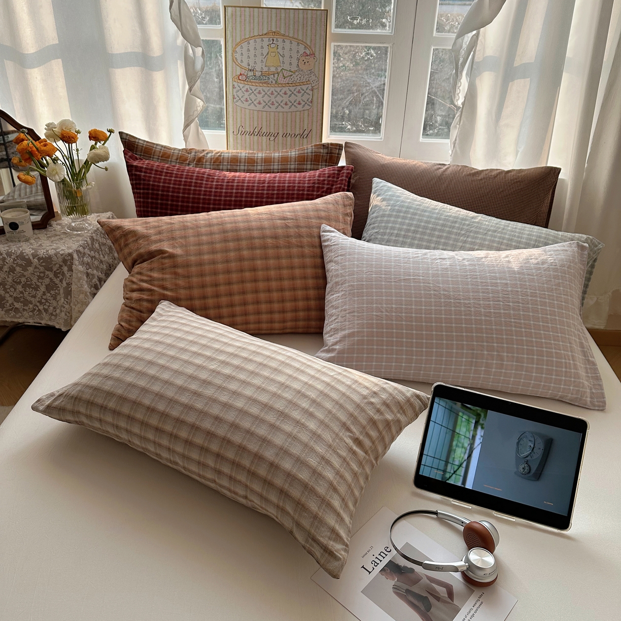 91家纺网 家纺一手货源 找家纺 六巷胡同 2026新款A类全棉纯棉水洗棉色织格子单品枕套 枕套单件 组合图仅供展示不可下单