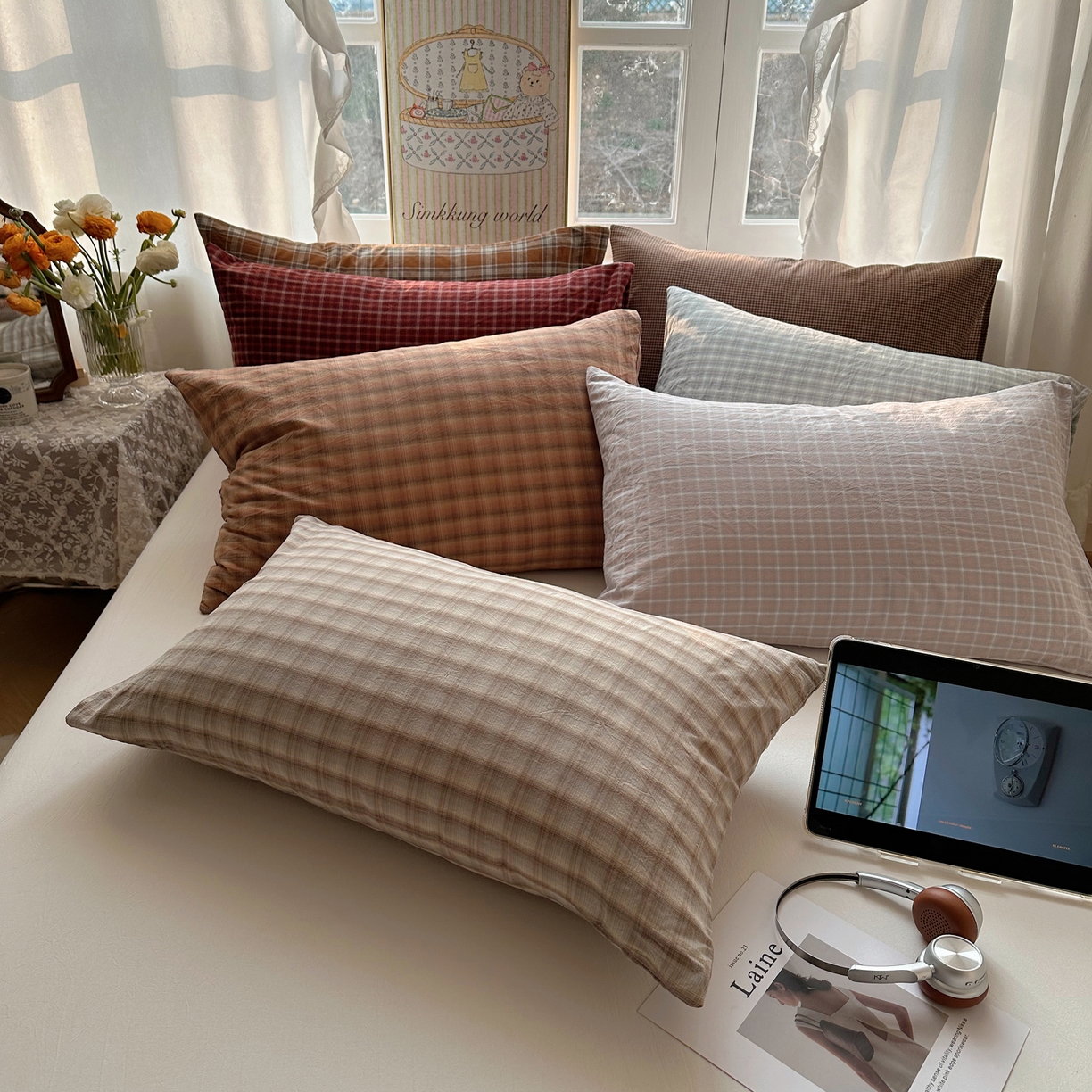 91家纺网 家纺一手货源 找家纺 六巷胡同 2026新款A类全棉纯棉水洗棉色织格子单品枕套 枕套单件 组合图仅供展示不可下单