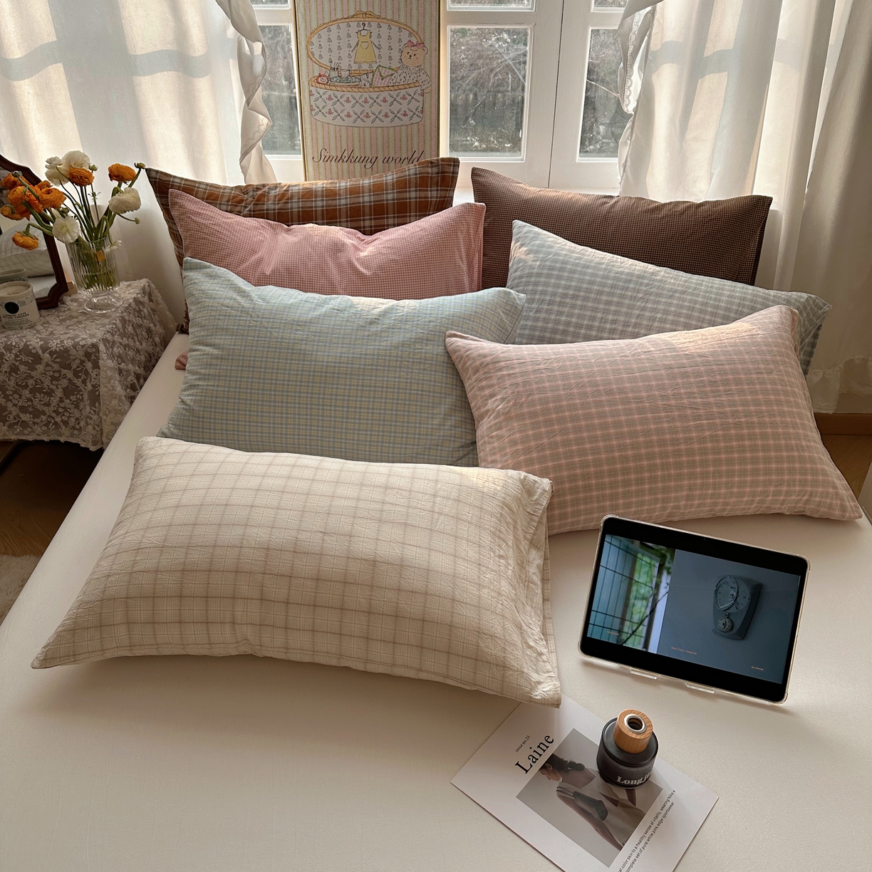91家纺网 家纺一手货源 找家纺 六巷胡同 2026新款A类全棉纯棉水洗棉色织格子单品枕套 枕套单件 组合图仅供展示不可下单