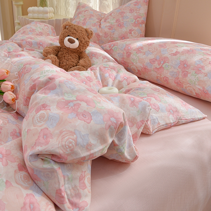 91家纺网 家纺一手货源 找家纺 乐窝家纺仓储 2026年新款高密A类母婴级全棉双层纱四件套学生宿舍三件套床单被套 颜花朝